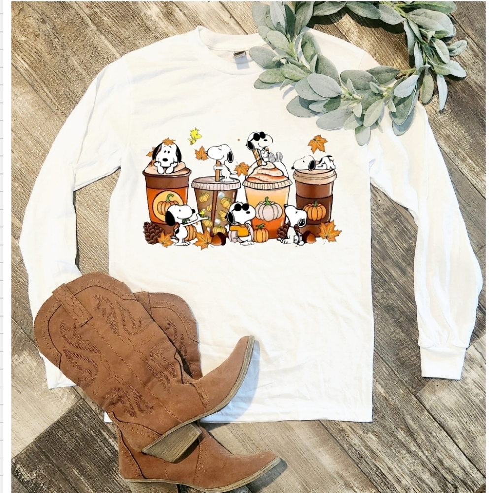 Fall long sleeve shirt snoopy coffee cute dog mom peanuts popular